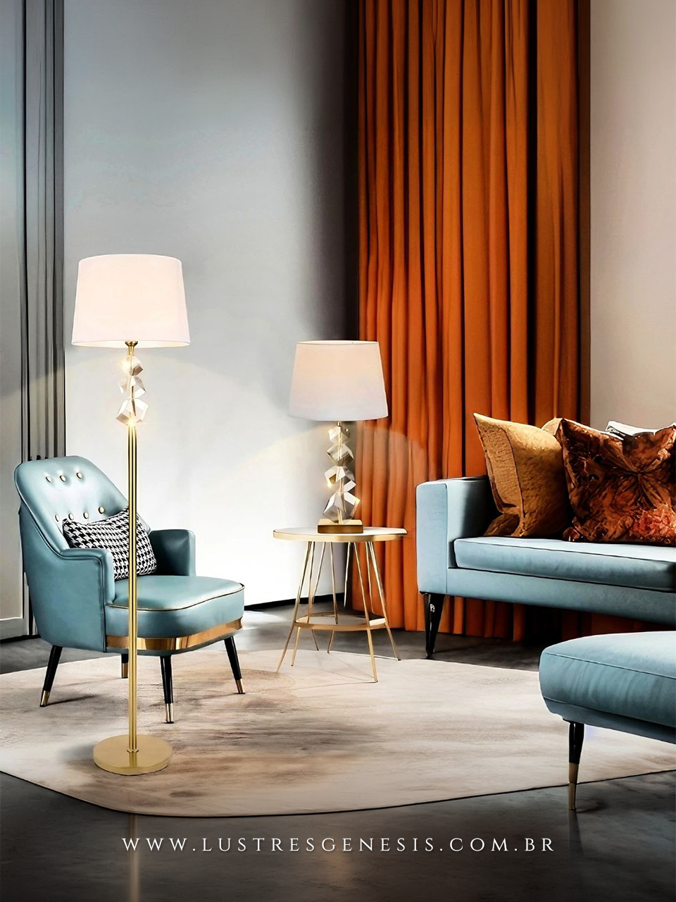 Abajur de chão coluna de metal bronze com detalhes em cristal e cúpula branca, modelo Vest, ideal para sala de estar e quartos